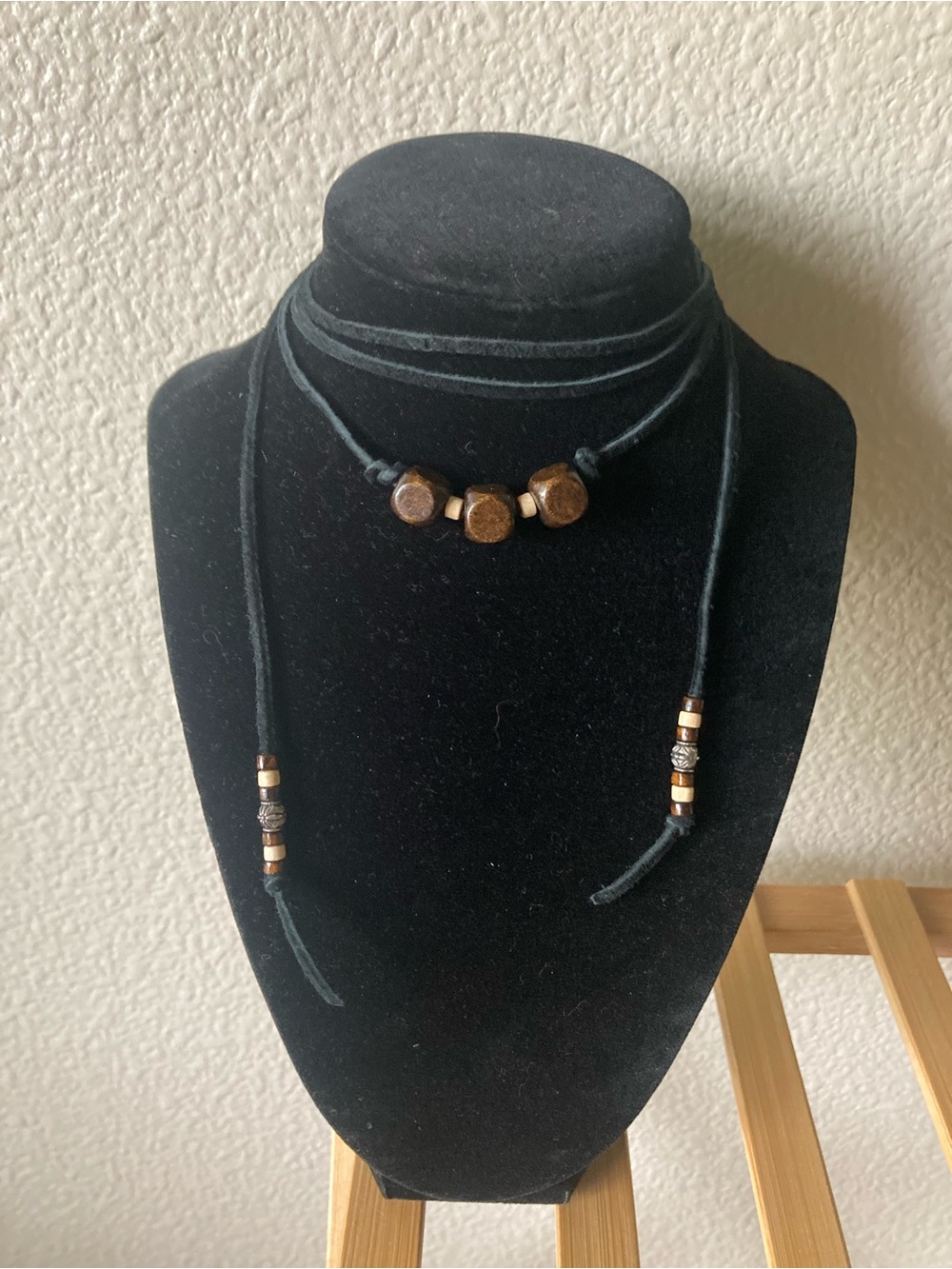 Boho Black Suede Wrap Necklace with Brown Wood Bead Accents